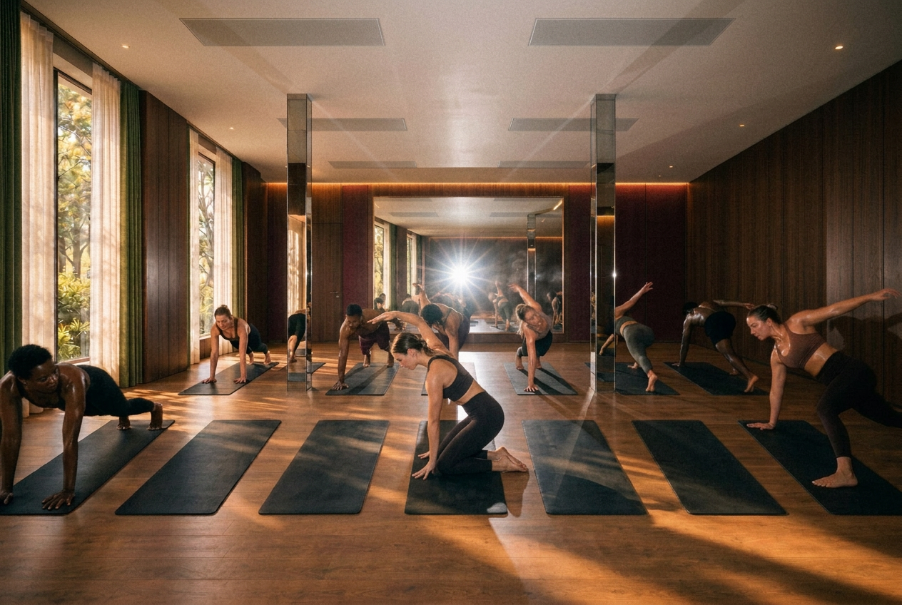 Inside the pavilion · a walnut Pilates studio with mats by full-height windows